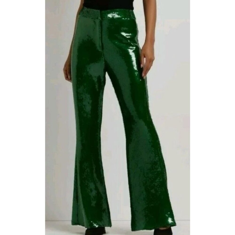 River Island Green Boujie Luxe Sequin Kick Flare Trousers Women's Size 12 NWT!